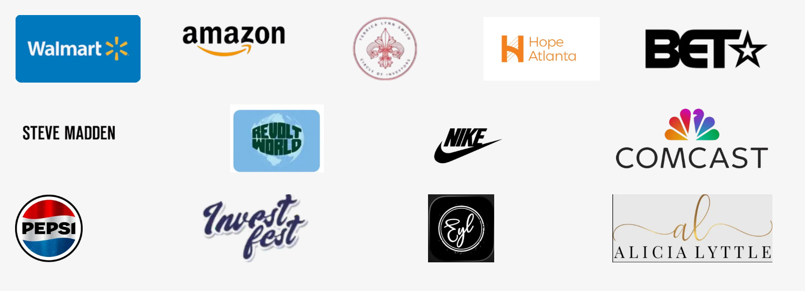 DJ Battio trusted brand partners including 1800 Tequila, Walmart, Amazon, BET, Steve Madden, Revolt World, Nike, Comcast, Pepsi, Invest Fest, Earn Your Leisure and Alicia Lyttle